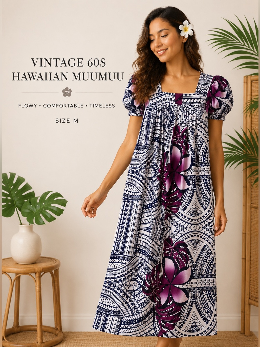 Vintage 60s Hawaiian Muumuu Dress Purple Floral Boho Midi Size M